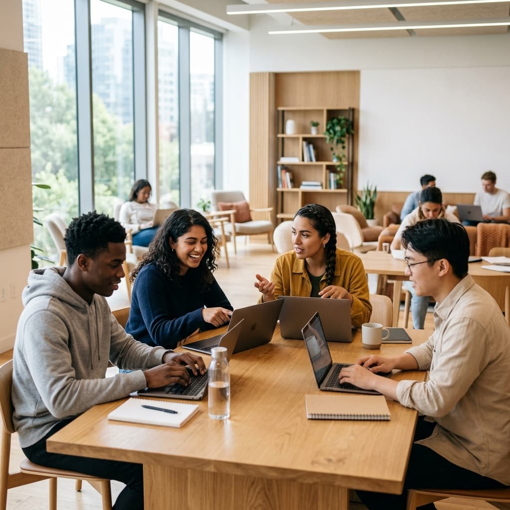 Students collaborating in modern workspace